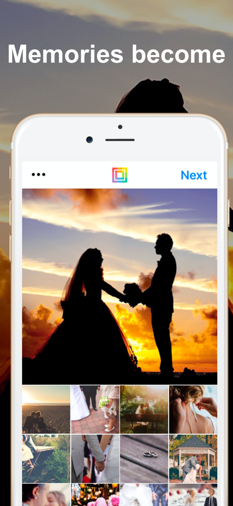 PXL - mosaic art - Smartphone interface of PXL mosaic art app featuring a wedding photo collage.