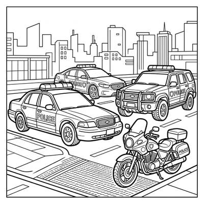 Dive into the world of law enforcement with this dynamic coloring page featuring various police patrol vehicles. Kids and adults alike will love bringing these essential community helpers to life with their favorite colors.