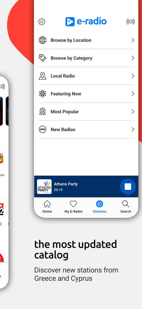 Main menu of the E-Radio app showing radio station categories for Greece and Cyprus