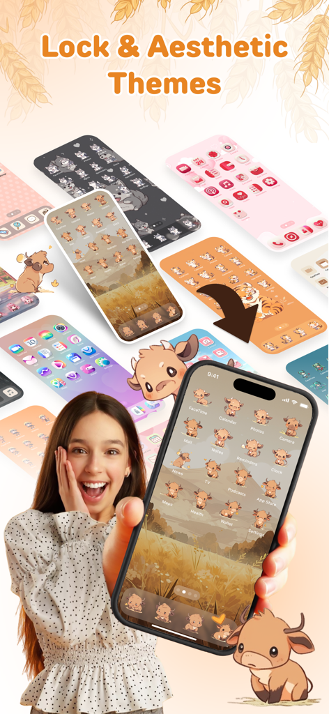 Color Widget - Theme & Icon - A young woman holding a smartphone displaying a custom cow-themed home screen with aesthetic icons and widgets