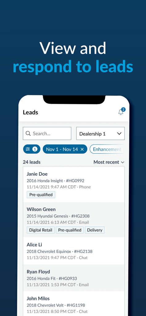 Mobile app interface of CarGurus Dealer showing a list of customer leads with car models and contact history.