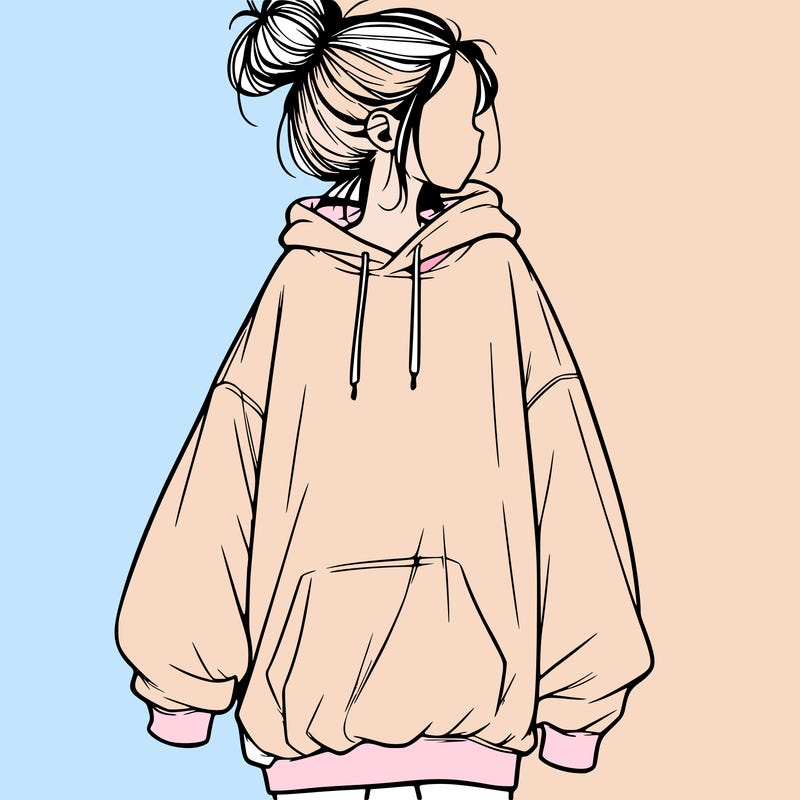 realistic girl with a oversized sweatshirt on and a bun