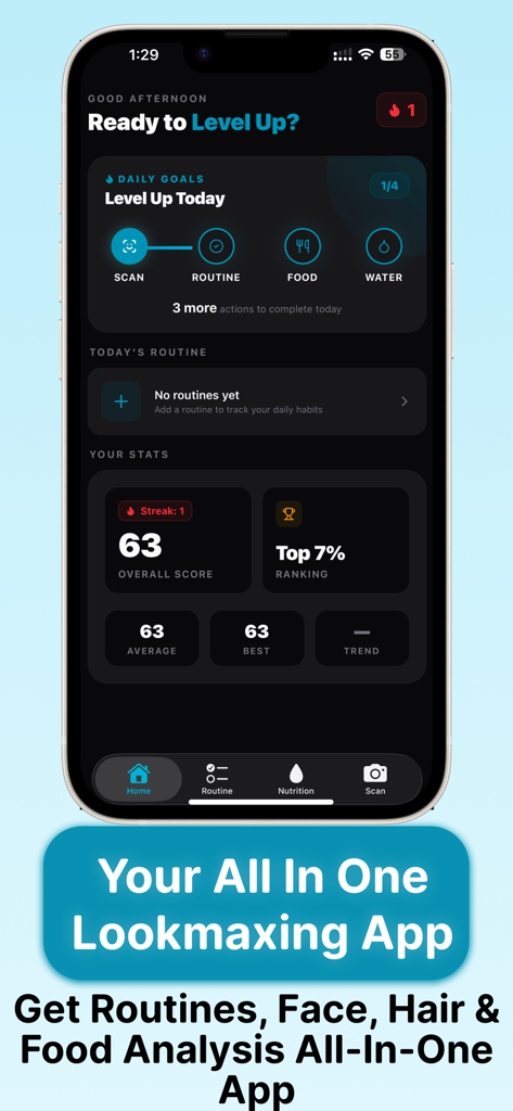 Panel de control de la aplicación LooksLab que muestra la puntuación de análisis facial y las rutinas diarias de optimización facial