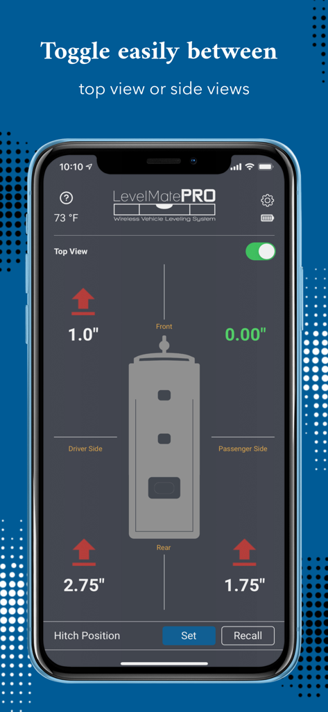 LevelMatePRO - LevelMatePRO app interface showing a top view of a vehicle with precise leveling measurements for RVs and trailers
