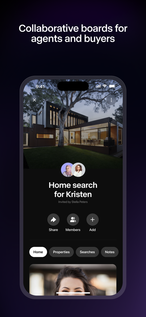 Luxury Presence app screen showing a collaborative home search board for real estate agents and buyers