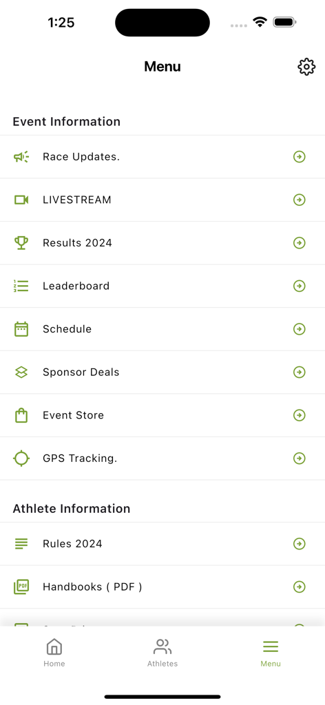 Kathmandu Coast to Coast - Main menu of the Kathmandu Coast to Coast app showing options for race updates, livestream, results, and GPS tracking.