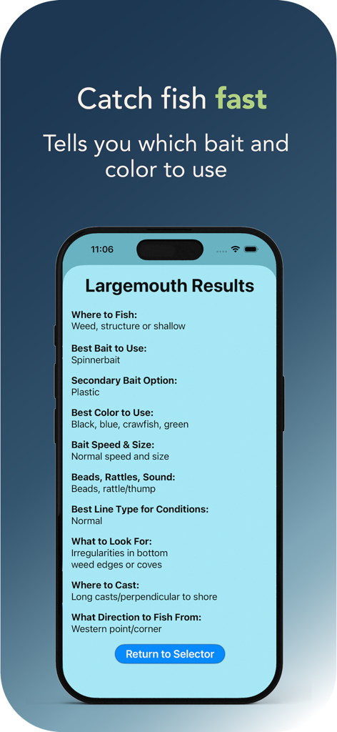 Bassmaster App - Bassmaster App screen showing largemouth bass bait and color recommendations.