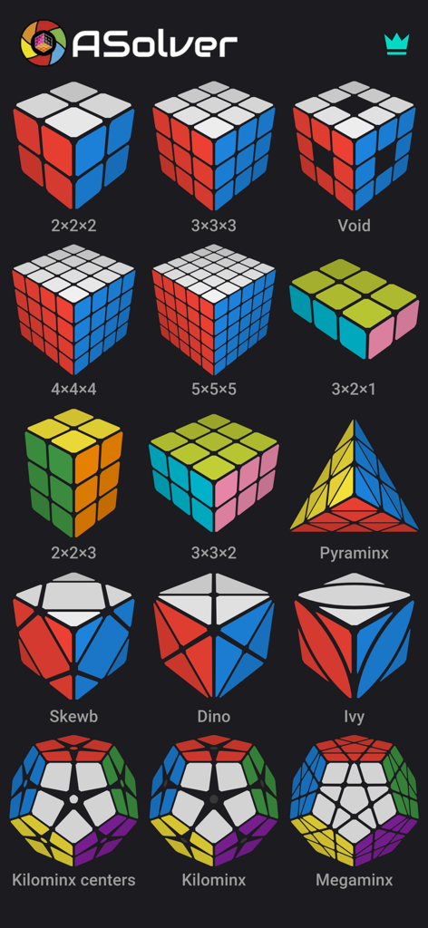 ASolver>I'll solve your puzzle - Una pantalla de menú de la aplicación ASolver que muestra varios rompecabezas compatibles como cubos de Rubik, Pyraminx y Megaminx.