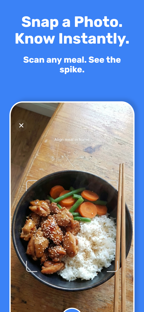 Glycemic Index Scanner - A mobile phone interface scanning a bowl of chicken and rice to predict blood sugar response.