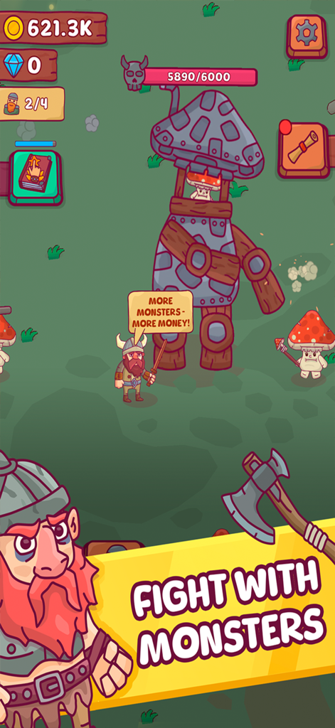 Heroes Tavern: Idle Pub Tycoon - A hero character standing before a large mushroom monster in a grassy field with a banner saying fight with monsters