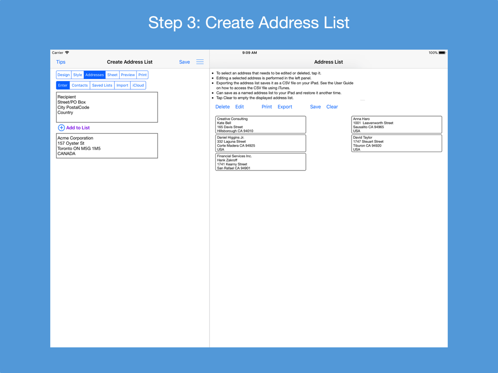 A screenshot of the Address Label Creator app showing the interface for creating and managing an address list on an iPad.