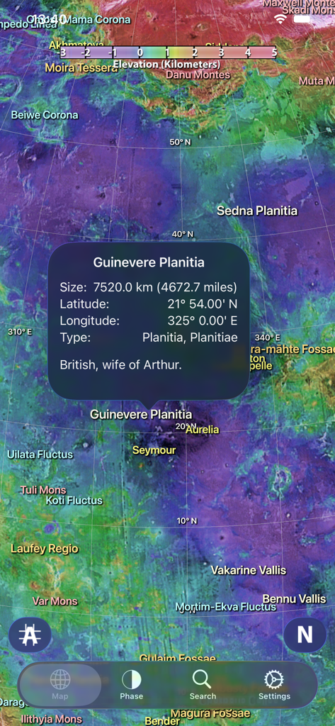 Venus Atlas - 金星アトラスアプリの金星地形マップで、Guinevere Planitiaに関する地質学的情報が表示されています。
