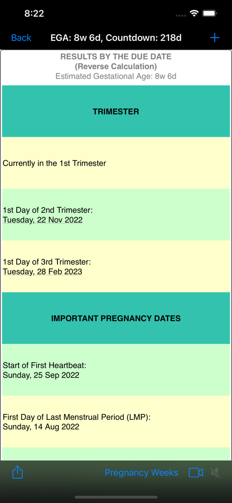 iFetal Pro - iFetal Pro app interface showing pregnancy trimester timelines and important milestones like first heartbeat and LMP