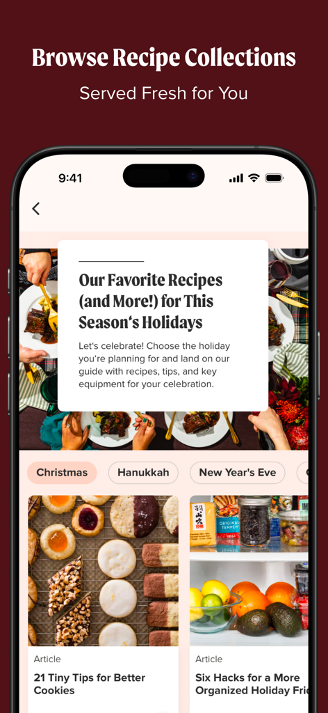 America's Test Kitchen - Mobile app screen of America's Test Kitchen showing curated holiday recipe collections and cooking articles.