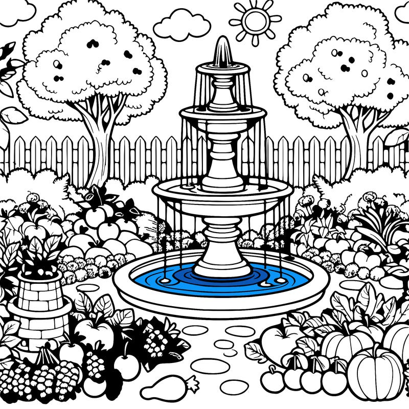 garden with a fountain and fruit and vegetables