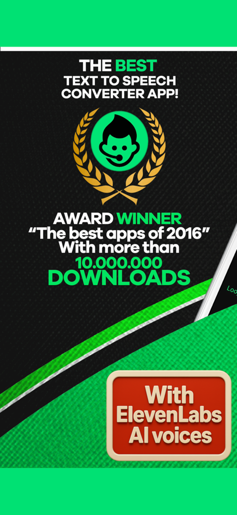 Banner promocional de la aplicación La Voz del Narrador destacando el estatus de ganador de premios y la integración de voces de IA de ElevenLabs