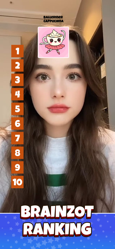 Pantalla del juego Brainrot Mini Challenge mostrando un filtro de clasificación y un personaje de café bailarina