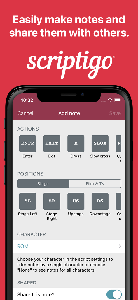 Scriptigo Pro app screen showing options for adding script notes and stage directions like enter and stage left