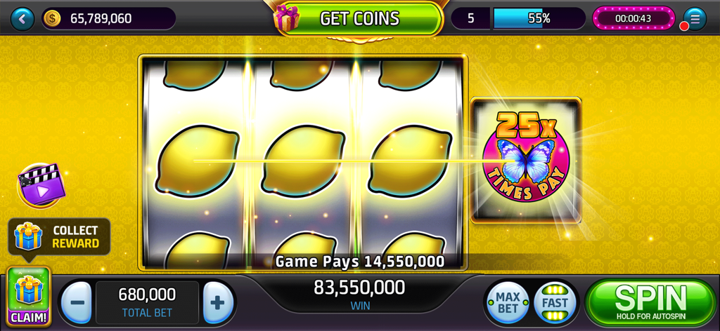 Hot 7's Casino Classic Slots - Schermata di slot machine classica che mostra tre limoni e una ricompensa moltiplicatore 25x