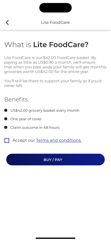 O'mari - O'mari app screen showing details and benefits of the Lite FoodCare grocery plan for family support