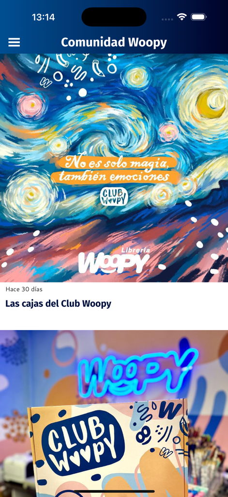 LibreriaWoopy - Libreria Woopy app interface showing the Club Woopy community feed and product branding