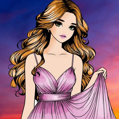 realistic girl in flowy silky prom dress