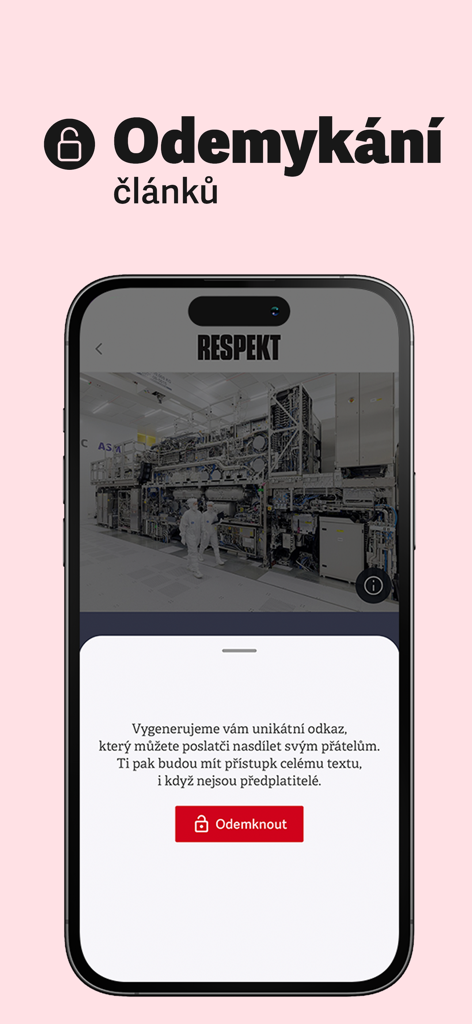 Respekt - Pantalla de smartphone que muestra la función de la aplicación de noticias Respekt para desbloquear y compartir artículos.