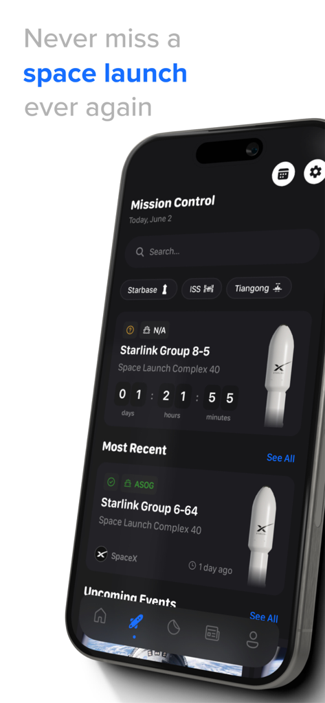 T-Minus – Space Launch Tracker - Un teléfono móvil mostrando la pantalla de Control de Misión de la aplicación T-Minus con cuentas regresivas de lanzamiento de SpaceX Starlink