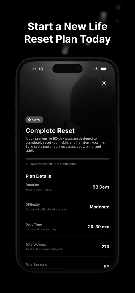 Interface of the DoReset app showing details of a 90-day complete life reset program including duration difficulty and daily time.