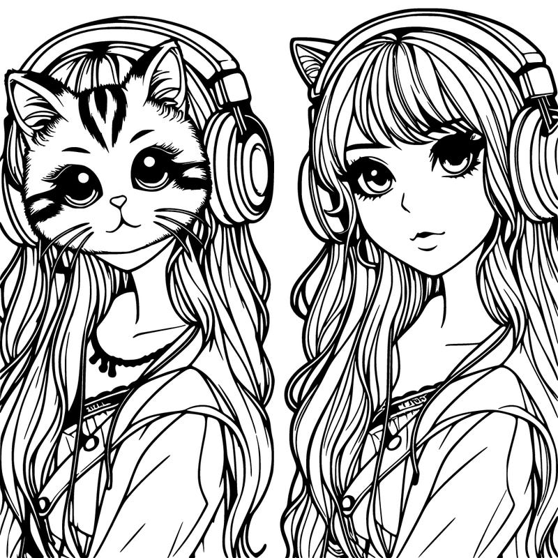beautiful realistic girl with cat headphones