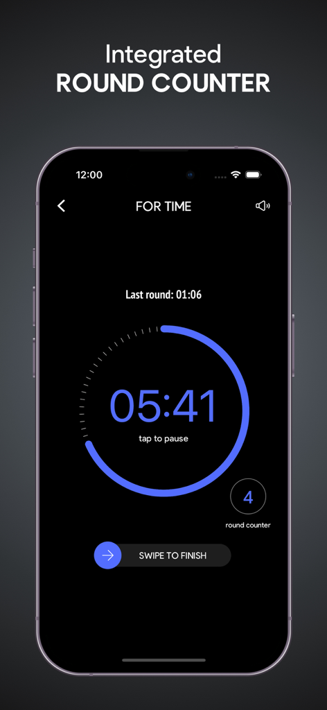 SmartWOD Timer interface showing a workout clock with an integrated round counter