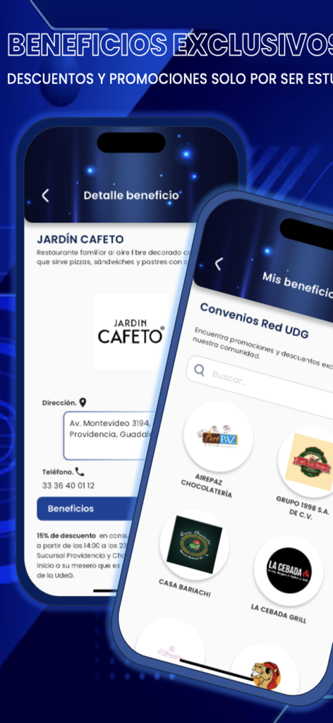 LEO UdeG - Screenshots of the LEO UdeG mobile app showing exclusive student discounts and promotions from local businesses.