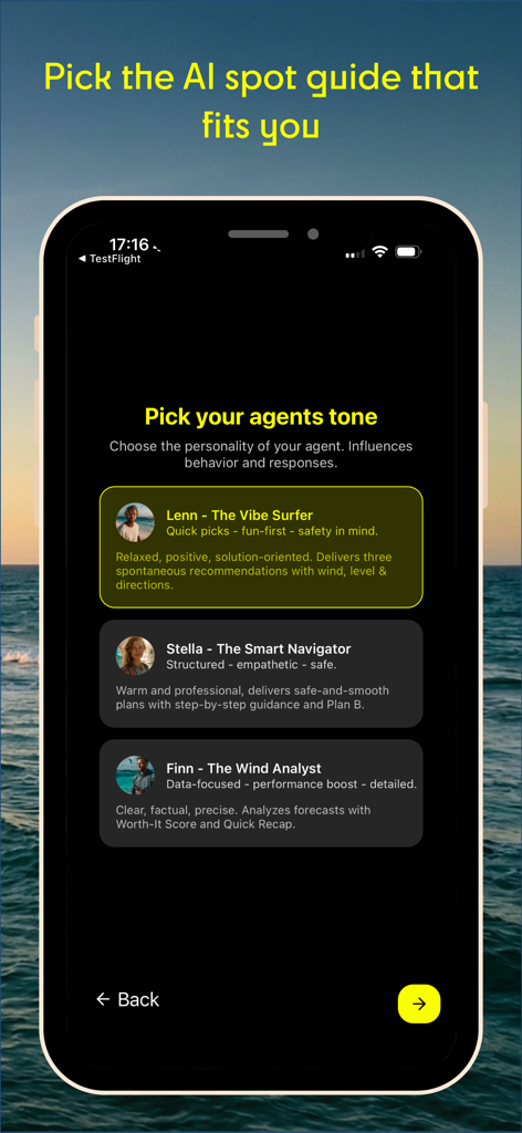 GoSalty – Kitesurf Playbook - Interface of GoSalty app showing three AI agent personality options: Lenn the Vibe Surfer, Stella the Smart Navigator, and Finn the Wind Analyst.