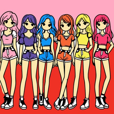 a group of girls wearing crop tops and shorts