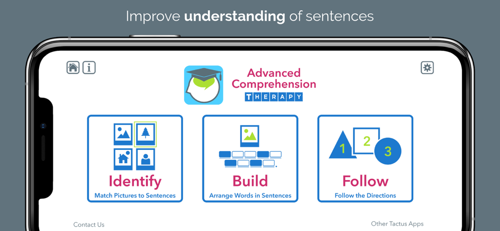 Advanced Comprehension Therapy interface showing sentence understanding exercises like Identify Build and Follow