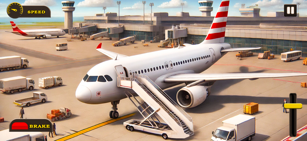 Airplane Simulator Plane Game - Un avion commercial blanc garé à un terminal d'aéroport avec des escaliers de descente et des véhicules au sol dans un jeu de simulation de vol 3D.