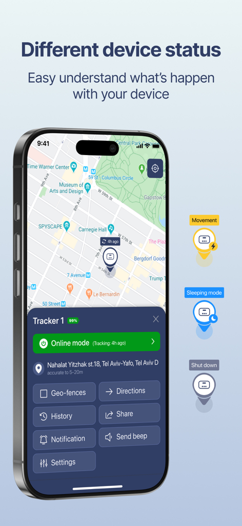 Interface de l'application Myloc8 affichant différents statuts de suivi d'appareils et la localisation sur la carte