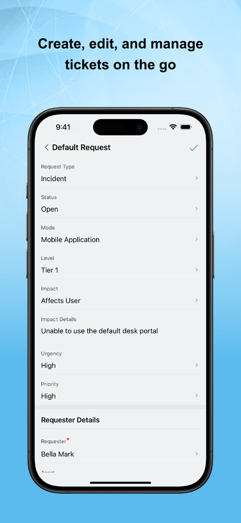 Interface de l'application mobile ServiceDesk Plus MSP pour créer et gérer les tickets de support TI