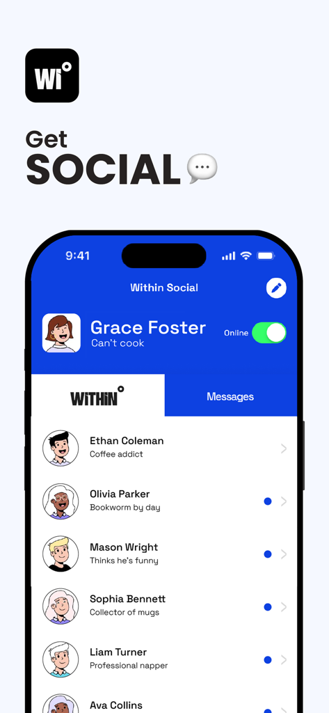 Within - Withinアプリのソーシャルネットワーキング画面に、ユーザーリストとそのオンラインステータスが表示されている