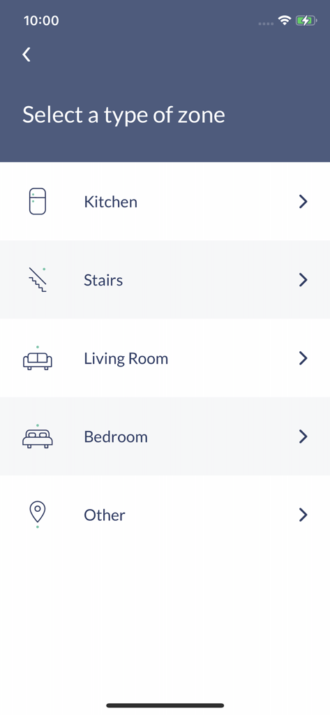 A screen in the AwoX HomeControl app for selecting a room zone like kitchen or living room