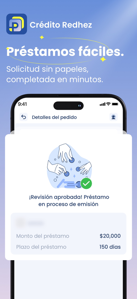 Crédito Redhez - Crédito Redhez App-Oberfläche, die einen genehmigten Kredit von 20000 Pesos über 150 Tage zeigt