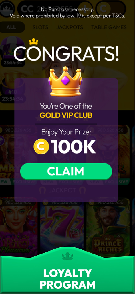 CrownCoins Casino app screen displaying a Gold VIP Club loyalty reward of 100,000 coins for the player to claim