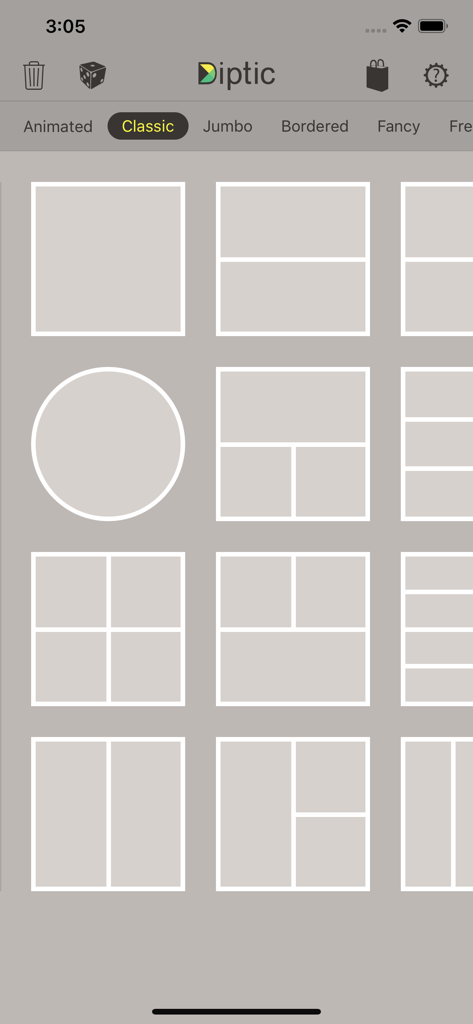 Diptic - Interface of the Diptic app showing a grid of classic photo collage layout options