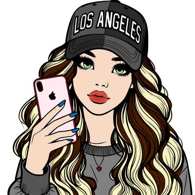 realistic beautiful girl wearing los ángeles cap holding an iphone