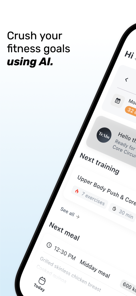 MyTrainer app interface showing AI generated workout and meal plans to reach fitness goals