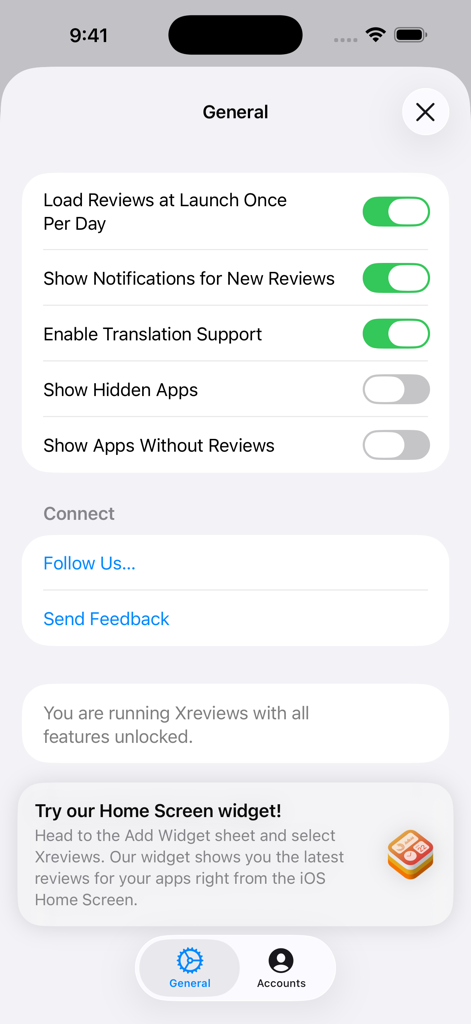 Xreviews - General settings screen of Xreviews app showing toggle options for notifications and translation along with a home screen widget promotion