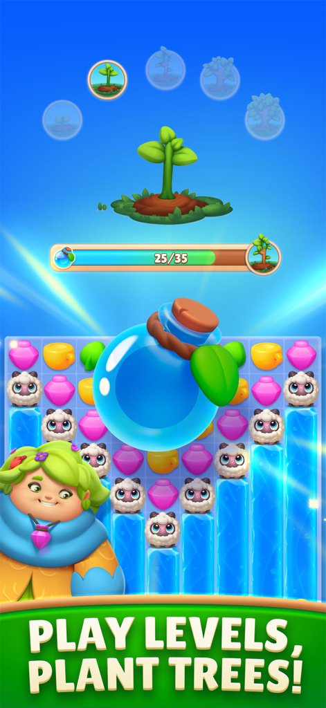 My Lovely Planet Puzzle Match3 - Match-3 puzzle gameplay in My Lovely Planet featuring Mama Nature and a tree planting progress bar