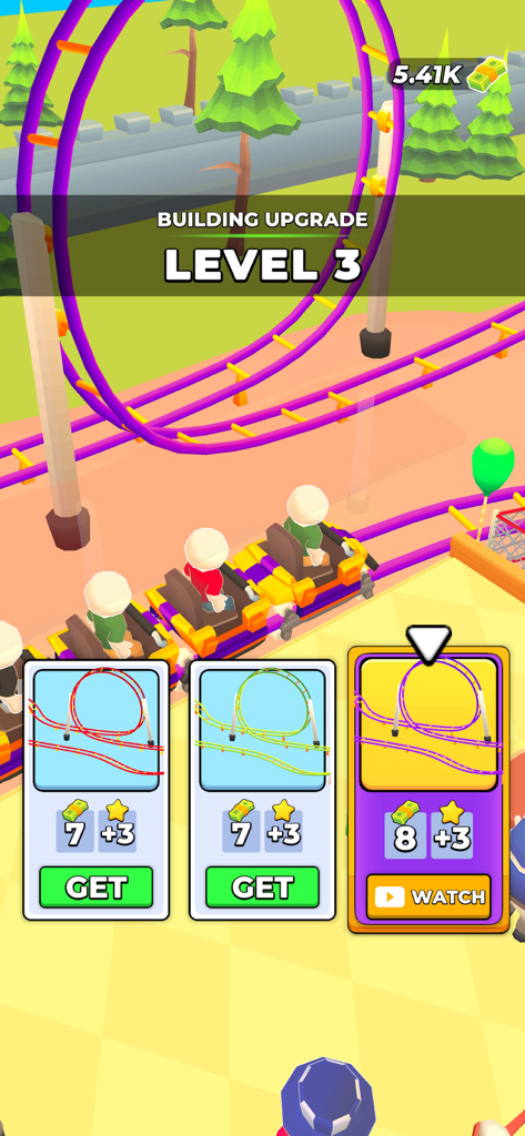 Joy Land! - Capture d'écran du jeu Joy Land montrant un menu de mise à niveau de bâtiment de grand huit de niveau trois