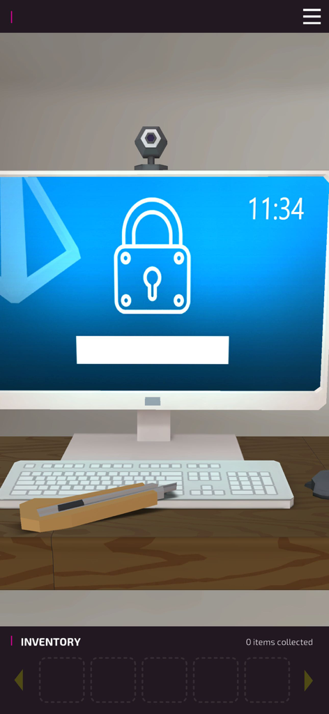 A locked computer screen on a desk in the Escape Fake game environment with an inventory bar at the bottom.