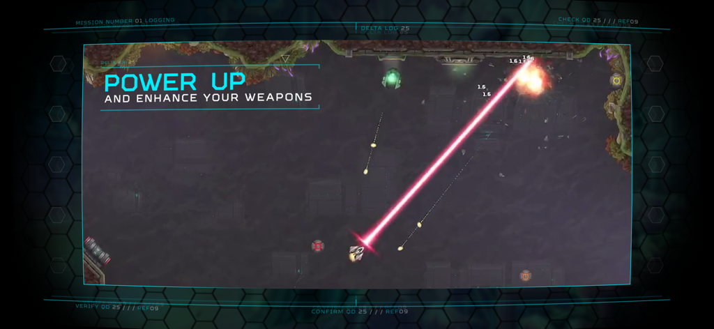 Raider - A spaceship firing a powerful pink laser beam at an enemy in the mobile game Raider